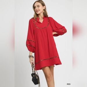 Umgee Textured Babydoll Dress with Leopard Trim